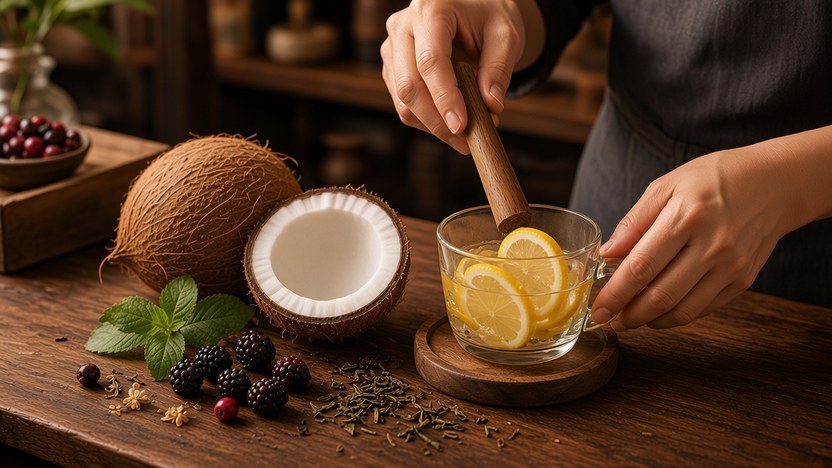 Coconut and lemon drinks on stone and oak